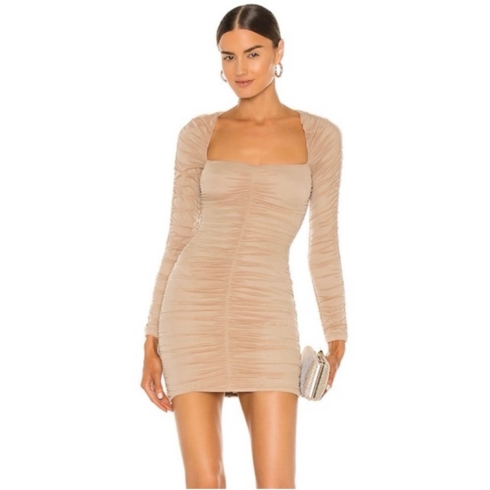 Michael Costello Beige Ruched Long Sleeve Mini Dress